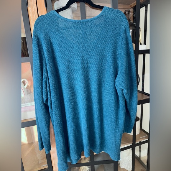 Eileen Fisher linen sweater tunic top plus size teal cotton organic vneck loose - Picture 3 of 7